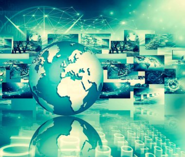 Global iş dünyasının en iyi internet kavramı. Küre, teknolojik arka planda parlayan çizgiler. Wi-Fi, ışınlar, semboller İnternet, 3 boyutlu illüstrasyon
