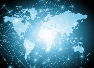 Dünya Haritası üzerinde teknolojik bir arka plan, parlak çizgiler semboller Internet, radyo, televizyon, telefon ve uydu iletişim.