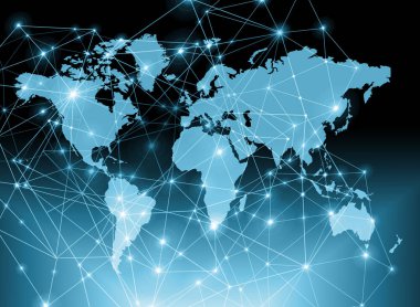 Dünya Haritası üzerinde teknolojik bir arka plan, parlak çizgiler semboller Internet, radyo, televizyon, telefon ve uydu iletişim.
