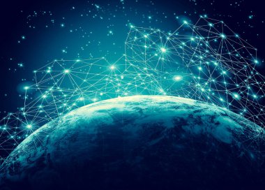 Dünyadan Uzaya. Kavram serisinden küresel iş dünyasının en iyi internet kavramı. Bu görüntünün elementleri NASA tarafından döşenmiştir. 3B illüstrasyon