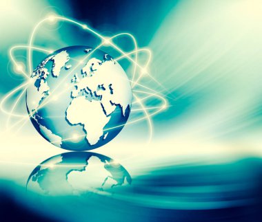 Global iş dünyasının en iyi internet kavramı. Küre, teknolojik arka planda parlayan çizgiler. Wi-Fi, ışınlar, semboller İnternet, 3 boyutlu illüstrasyon