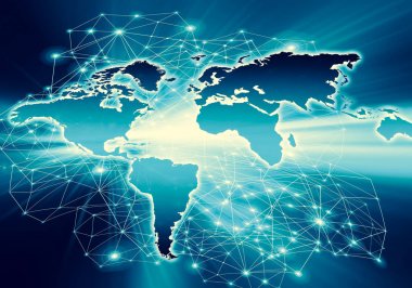 Dünya Haritası üzerinde teknolojik bir arka plan, parlak çizgiler semboller Internet, radyo, televizyon, telefon ve uydu iletişim.