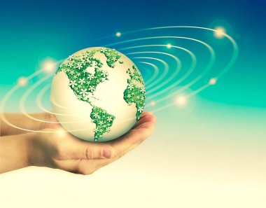 Ekolojik Çevre kavramı ile elleri toprağa ağaç ekimi. Dünya gezegeni. Yeryüzünün fiziksel dünya. Nasa tarafından döşenmiş bu görüntü unsurları. 3D çizim