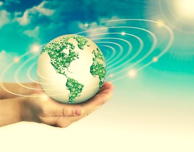 Ekolojik Çevre kavramı ile elleri toprağa ağaç ekimi. Dünya gezegeni. Yeryüzünün fiziksel dünya. Nasa tarafından döşenmiş bu görüntü unsurları. 3D çizim