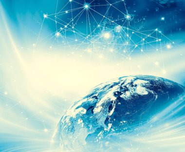 Dünyadan Uzaya. Kavram serisinden küresel iş dünyasının en iyi internet kavramı. Bu görüntünün elementleri NASA tarafından döşenmiştir. 3B illüstrasyon