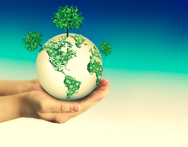 Ecological concept of the environment with the cultivation of trees on the ground in the hands. Planet Earth. Physical globe of the earth. Elements of this image furnished by NASA. 3D illustration — Stock Photo, Image