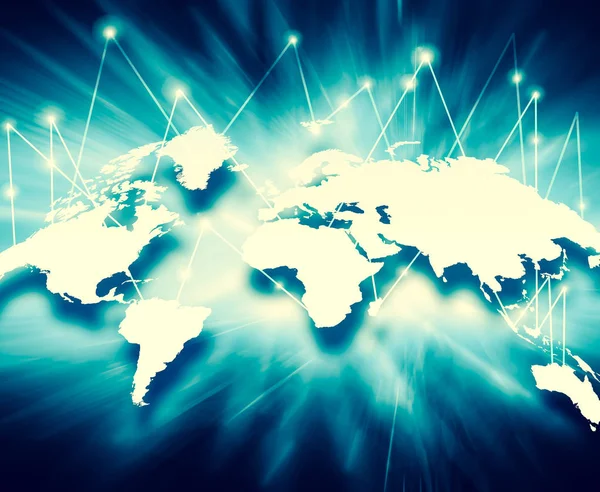 Kaart van de wereld op een technologische achtergrond, gloeiende lijnen symbolen o — Stockfoto