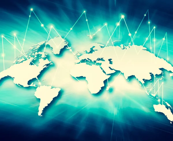 Mapa do mundo sobre um fundo tecnológico, linhas brilhantes símbolos o — Fotografia de Stock
