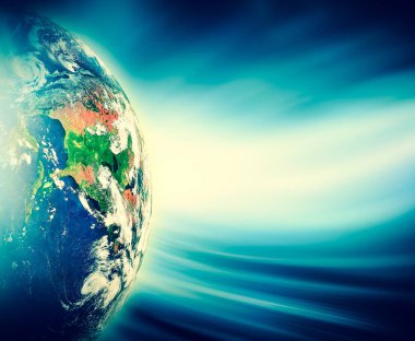 Dünyadan Uzaya. Kavram serisinden küresel iş dünyasının en iyi internet kavramı. Bu görüntünün elementleri NASA tarafından döşenmiştir. 3B illüstrasyon