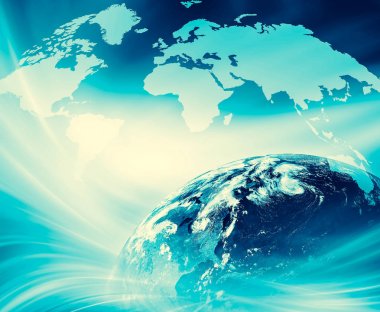 Dünyadan Uzaya. Kavram serisinden küresel iş dünyasının en iyi internet kavramı. Bu görüntünün elementleri NASA tarafından döşenmiştir. 3B illüstrasyon