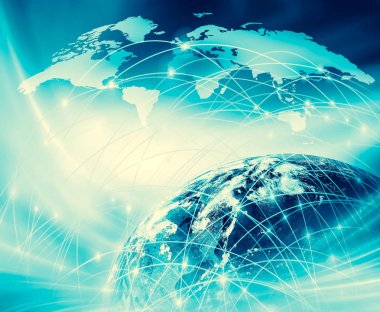 Dünyadan Uzaya. Kavram serisinden küresel iş dünyasının en iyi internet kavramı. Bu görüntünün elementleri NASA tarafından döşenmiştir. 3B illüstrasyon