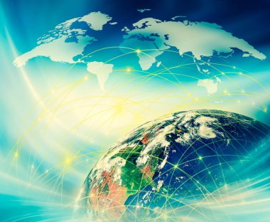 Dünyadan Uzaya. Kavram serisinden küresel iş dünyasının en iyi internet kavramı. Bu görüntünün elementleri NASA tarafından döşenmiştir. 3B illüstrasyon