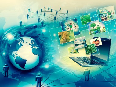 Bilgisayar hareketlilik, internet iletişimi ve bulut bilgi işlem kavramı: renk uygulama simgeleri bulutu ile dizüstü bilgisayar