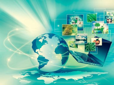 Bilgisayar hareketlilik, internet iletişimi ve bulut bilgi işlem kavramı: renk uygulama simgeleri bulutu ile dizüstü bilgisayar