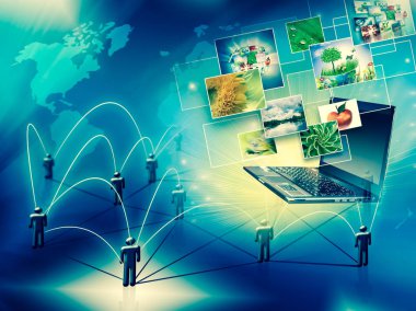 Bilgisayar hareketlilik, internet iletişimi ve bulut bilgi işlem kavramı: renk uygulama simgeleri bulutu ile dizüstü bilgisayar