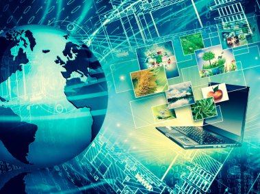 Bilgisayar hareketlilik, internet iletişimi ve bulut bilgi işlem kavramı: renk uygulama simgeleri bulutu ile dizüstü bilgisayar