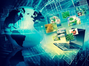 Bilgisayar hareketlilik, internet iletişimi ve bulut bilgi işlem kavramı: renk uygulama simgeleri bulutu ile dizüstü bilgisayar