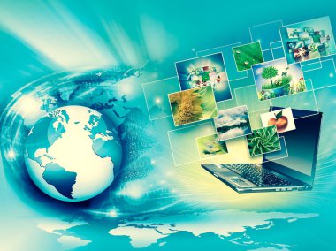 Bilgisayar hareketlilik, internet iletişimi ve bulut bilgi işlem kavramı: renk uygulama simgeleri bulutu ile dizüstü bilgisayar