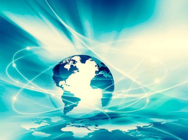 Global iş dünyasının en iyi internet kavramı. Küre, teknolojik arka planda parlayan çizgiler. Wi-Fi, ışınlar, semboller İnternet, 3 boyutlu illüstrasyon