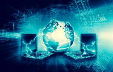 Global iş dünyasının en iyi internet kavramı. Küre, teknolojik arka planda parlayan çizgiler. Wi-Fi, ışınlar, semboller İnternet, 3 boyutlu illüstrasyon