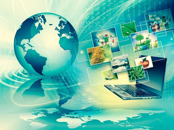 Computer mobility, internet communication and cloud computing concept: laptop with cloud of color application icons — Stock Photo, Image