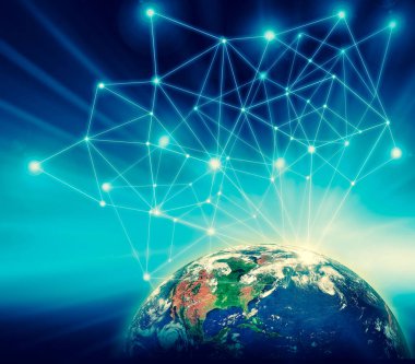 Dünyadan Uzaya. Kavram serisinden küresel iş dünyasının en iyi internet kavramı. Bu görüntünün elementleri NASA tarafından döşenmiştir. 3B illüstrasyon