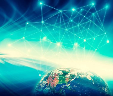 Dünyadan Uzaya. Kavram serisinden küresel iş dünyasının en iyi internet kavramı. Bu görüntünün elementleri NASA tarafından döşenmiştir. 3B illüstrasyon