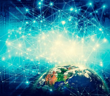 Dünyadan Uzaya. Kavram serisinden küresel iş dünyasının en iyi internet kavramı. Bu görüntünün elementleri NASA tarafından döşenmiştir. 3B illüstrasyon