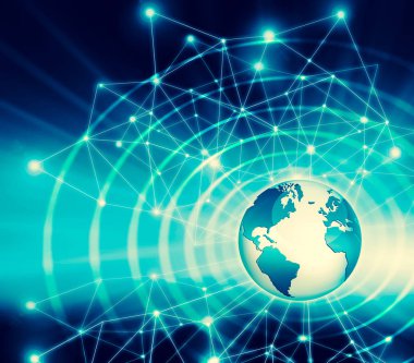 Global iş dünyasının en iyi internet kavramı. Küre, teknolojik arka planda parlayan çizgiler. Wi-Fi, ışınlar, semboller İnternet, 3 boyutlu illüstrasyon