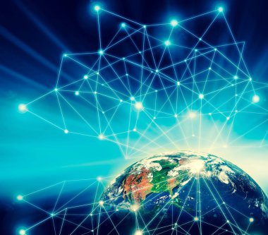 Dünyadan Uzaya. Kavram serisinden küresel iş dünyasının en iyi internet kavramı. Bu görüntünün elementleri NASA tarafından döşenmiştir. 3B illüstrasyon