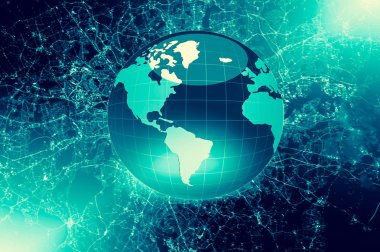 Global iş dünyasının en iyi internet kavramı. Küre, teknolojik arka planda parlayan çizgiler. Wi-Fi, ışınlar, semboller İnternet, 3 boyutlu illüstrasyon
