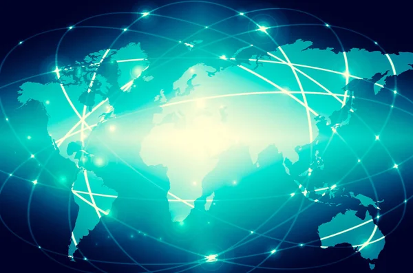 Mapa świata na zaplecze technologiczne, świecące linie symbole o — Zdjęcie stockowe