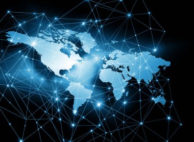 Dünya Haritası üzerinde teknolojik bir arka plan, parlak çizgiler semboller Internet, radyo, televizyon, telefon ve uydu iletişim.