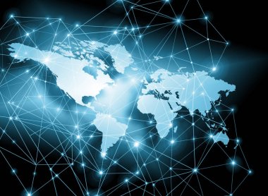 Dünya Haritası üzerinde teknolojik bir arka plan, parlak çizgiler semboller Internet, radyo, televizyon, telefon ve uydu iletişim.