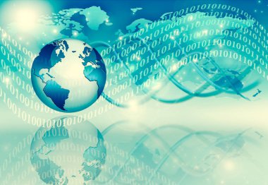 Global iş dünyasının en iyi internet kavramı. Küre, teknolojik arka planda parlayan çizgiler. Wi-Fi, ışınlar, semboller İnternet, 3 boyutlu illüstrasyon