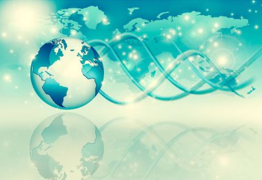 Global iş dünyasının en iyi internet kavramı. Küre, teknolojik arka planda parlayan çizgiler. Wi-Fi, ışınlar, semboller İnternet, 3 boyutlu illüstrasyon