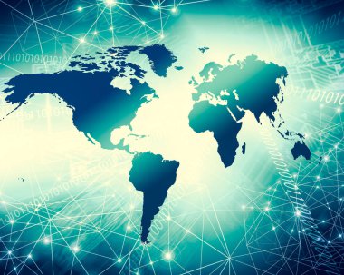 Dünya Haritası üzerinde teknolojik bir arka plan, parlak çizgiler semboller Internet, radyo, televizyon, telefon ve uydu iletişim.