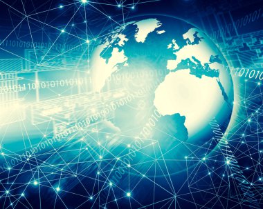 Global iş dünyasının en iyi internet kavramı. Küre, teknolojik arka planda parlayan çizgiler. Wi-Fi, ışınlar, semboller İnternet, 3 boyutlu illüstrasyon