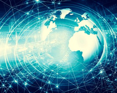 Global iş dünyasının en iyi internet kavramı. Küre, teknolojik arka planda parlayan çizgiler. Wi-Fi, ışınlar, semboller İnternet, 3 boyutlu illüstrasyon