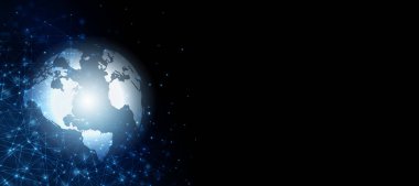 Global iş dünyasının en iyi internet kavramı. Küre, teknolojik arka planda parlayan çizgiler. Wi-Fi, ışınlar, semboller İnternet, 3 boyutlu illüstrasyon