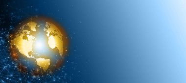 Global iş dünyasının en iyi internet kavramı. Küre, teknolojik arka planda parlayan çizgiler. Wi-Fi, ışınlar, semboller İnternet, 3 boyutlu illüstrasyon