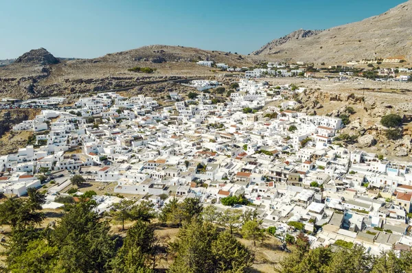 Вид Белый Греческий Город Линдос Высоты Крепости — стоковое фото