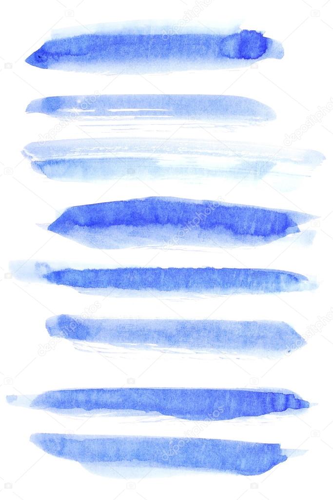 Set watercolor, blue abstract painted ink brush strokes isolated on white background, with clipping path