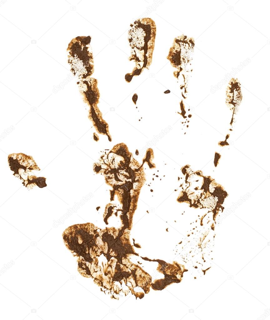 Hand print in mud isolated on white background, with clipping path