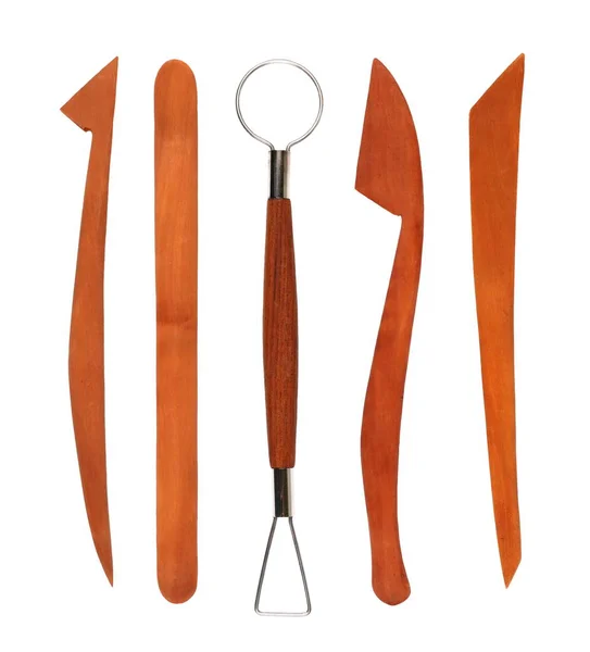 Boyama araçları tahta spatula ve üzerinde beyaz izole fırça set — Stok fotoğraf