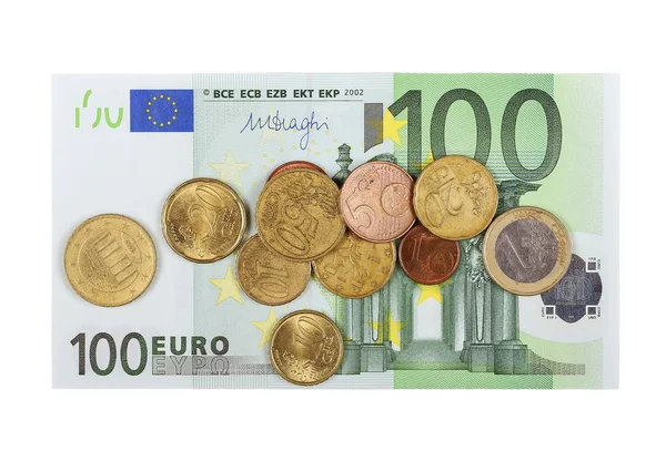 Cem notas de euro com moedas isoladas em branco — Fotografia de Stock
