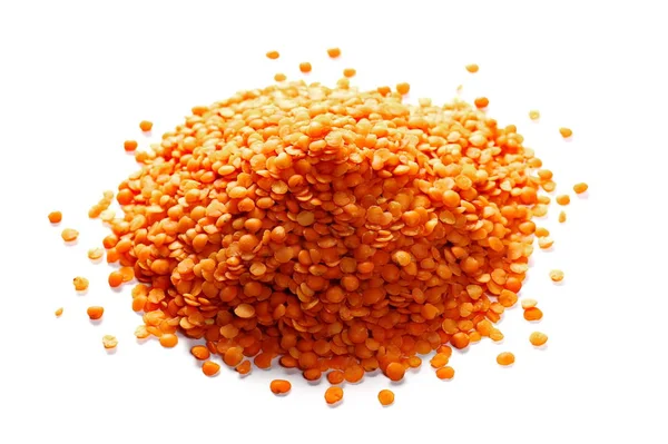 Pile red lentils isolated on white background and texture — Stock Photo, Image