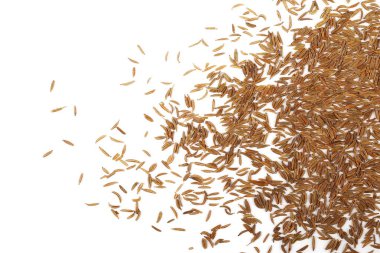 Beyaz arkaplanda izole edilmiş kimyon tohumları yığını