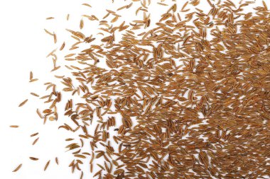 Beyaz arkaplanda izole edilmiş kimyon tohumları yığını