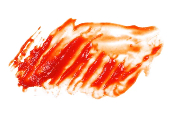 Κόκκινο κέτσαπ πιτσιλιές που απομονώνονται σε λευκό φόντο, υφή πουρέ ντομάτας — Φωτογραφία Αρχείου